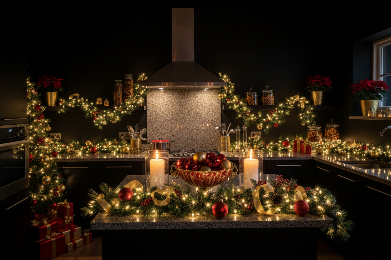 Weihnachtliches bild mit küche mit schwarzem hintergrung und weihnachtlichen deko 